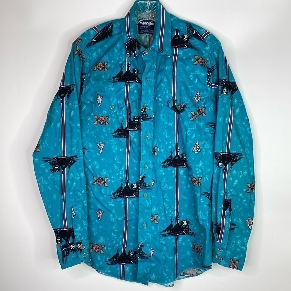 Vintage Wrangler Cowboy Cut Turquoise Southwestern Tepee Button UP XL Tails